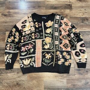 Vintage | Hunter’s Run Cottagecore 90s Hand Knit Floral Patchwork Sweater